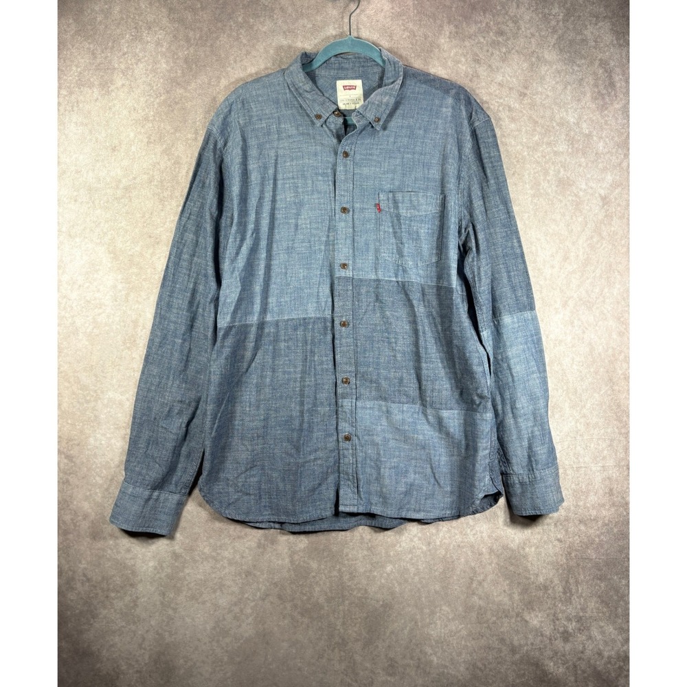 Levis Chambray Shirt Mens Large Blue Patchwork Button Down Long Sleeve Casual